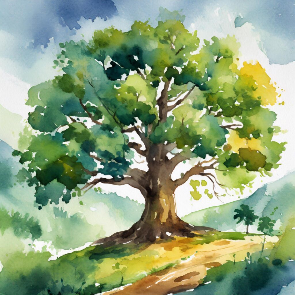 A watercolour painting of an oak tree